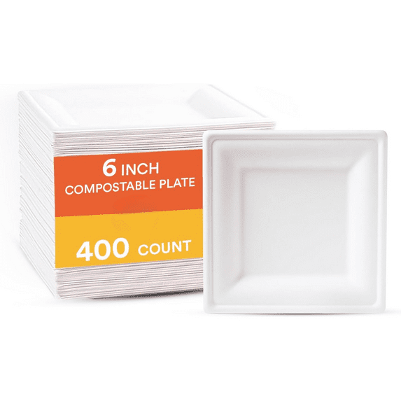 Compostable Paper Plates 6 Inch (400 Count) Heavy Duty Disposable Dessert Plates, Eco-Friendly Sugarcane Bagasse Small Plates For Appetizer- White
