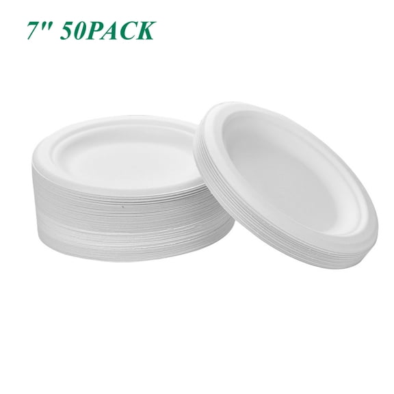 Compostable Paper Plates 7/9", Disposable Plates 50 Count ,Heavy Duty Unbleached Biodegradable Bagasse & Bamboo Fiber Dinner Paper Plates ,Round