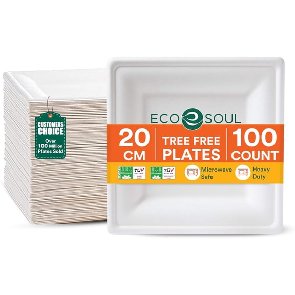 Compostable Paper Plates 8 Inch, 100 Pack Heavy Duty Disposable Square Plates, White Bagasse, Leak & Oil Resistant, Microwave Safe, Eco-Friendly for Appetizers, Party, Picnics & Catering