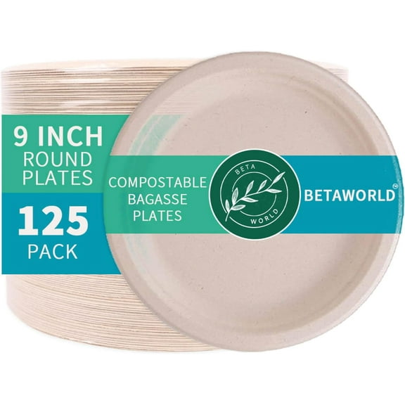 Compostable Paper Plates 9 125 Pack | Heavy Duty Sugarcane Bagasse | Microwave & Leak Proof | Eco-Friendly Disposable Dinner Plates for Party, Wedding, Picnic