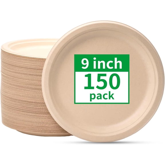 Compostable Paper Plates 9 Inch [150 Pack], Disposable Biodegradable Heavy Duty Paper Plates, Made of Natural Sugarcane Fibers, Unbleached Brown, Round