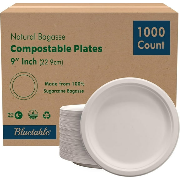 Compostable Paper Plates 9 Inch Bulk [1000 Case Pack] - Biodegradable Made from 100% Sugarcane Bagasse Disposable - Eco Friendly - Dinner Plate [1000 Case]