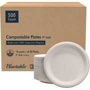 Paper Plates Disposable 9 Inch , Compostable Bagasse [500 Pack] Bulk Case , Made from 100% Sugarcane Biodegradable Dinner Plate