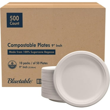 Paper Plates Disposable 9 Inch , Compostable Bagasse [500 Pack] Bulk Case , Made from 100% Sugarcane Biodegradable Dinner Plate