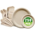 thumbnail image 1 of Compostable Paper Plates Set 250PCS Disposable Plates and Utensil Biodegradable Dinnerware for Party Sugarcane Plates Forks Knives Spoons for 50 People, 1 of 8