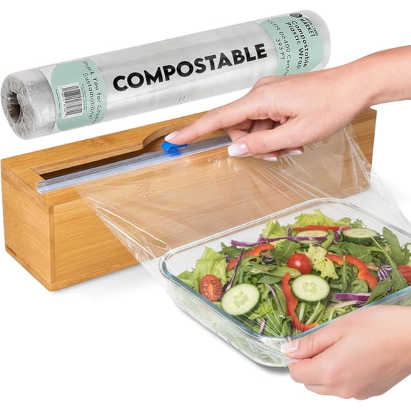 Compostable Plastic Wrap for Food with Dispenser & Cutter 400 Sq Ft Roll, ASTM D6400 Certified