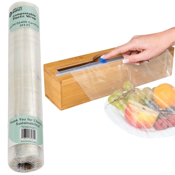 Compostable Plastic Wrap for Food with Dispenser & Cutter 400 Sq Ft Roll, ASTM D6400 Certified