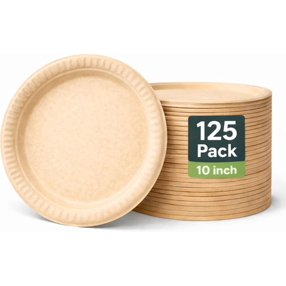 Compostable Plates 10 Inch, 125 Pack Heavy Duty, Leak Proof, Microwave Safe Bagasse Plates, Extra Sturdy, Oil Resistant, Eco Friendly Disposable Plates for Party, Wedding, Catering, BBQ, No Plastic