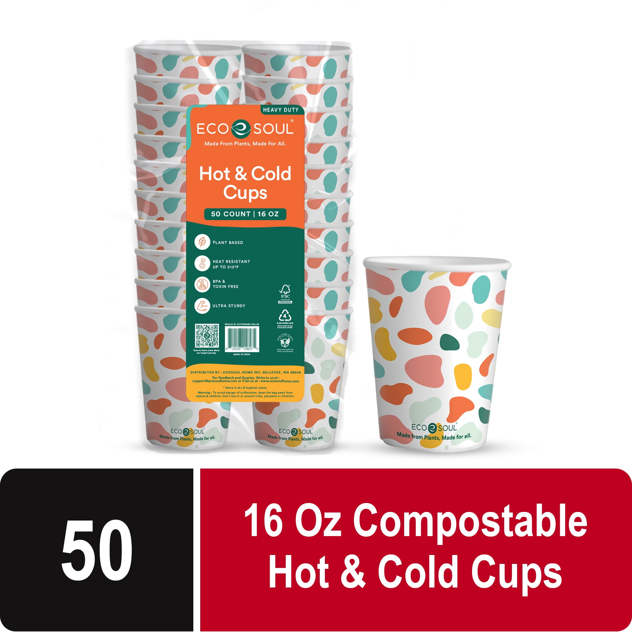 EcoSoul Compostable Hot and Cold Cups, Printed Plant-Based Disposable Cups, 16 oz, 50 Count
