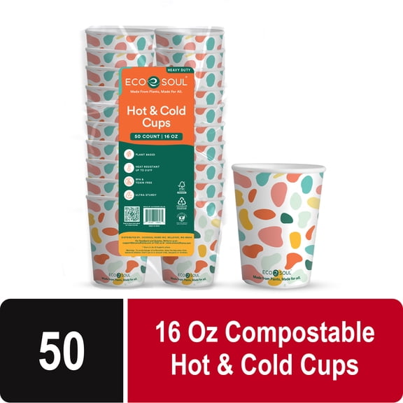 EcoSoul Compostable Hot and Cold Cups, Printed Plant-Based Disposable Cups, 16 oz, 50 Count