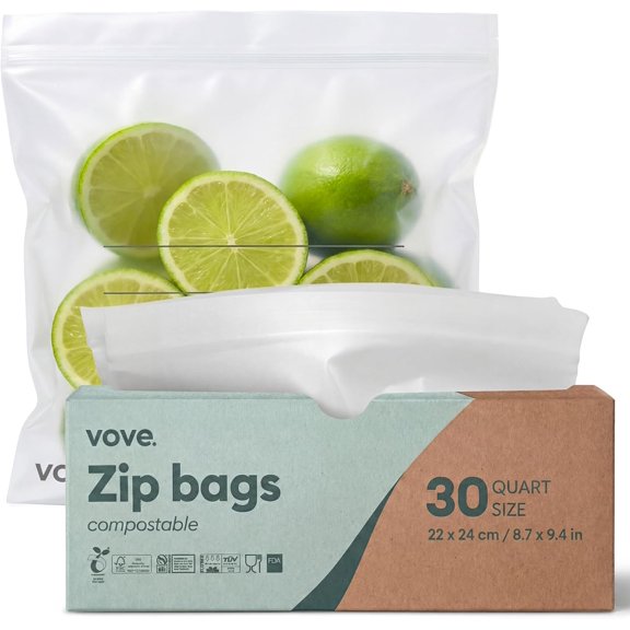 Compostable Quart Bags 30 Ct PFAS-Free, BPI Certified, Freezer Safe with Airtight Seal for Leftovers & Meal Prep, Plant-Based