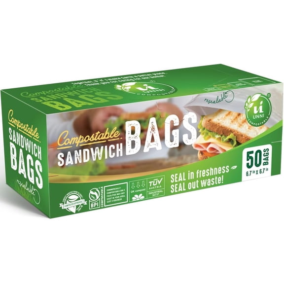Compostable Sandwich Bags, Resealable Compostable Food Storage Bags, 50 Count, 6.5 x 6.7 inches, Earth Friendly Highest ASTM D6400, US BPI, CMA & Europe OK Compost Certified, San Francisco