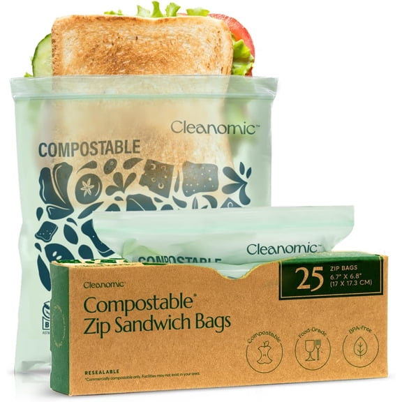Compostable* Sandwich Size Food Storage Bags (25 Eco Zip) Freezer and Leak Proof, Also Available Gallon, Quart and Snack Size Bags