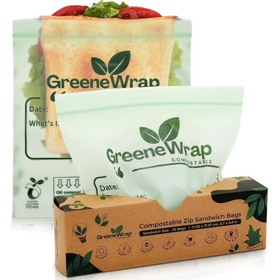 Compostable Sandwich Size Zip Bags 25 Count Extra Thick 2 mil Resealable, Leak-Proof, Freezer Safe Disposable Food Storage Bags, BPI and OK Compost Home Certified, ASTM D6400