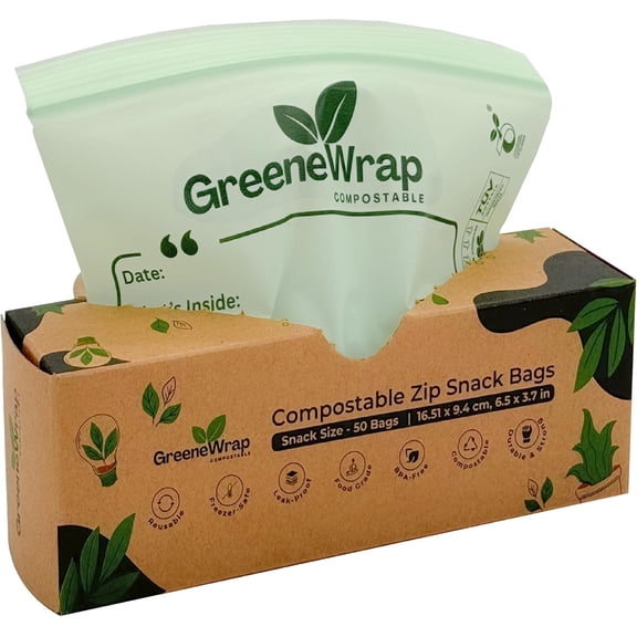 Compostable Snack Bags, 50 Count, Extra Thick 2 Mil, Resealable Leak-Proof Zipper, BPI Certified, ASTM D6400, Snack Size Food Storage Bags