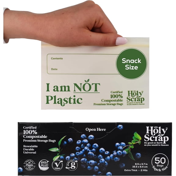 Compostable Snack Size Storage Bags - 6.5 x 3.7in, 50 Pack | Eco Plastic-Free, Strong & Zip Seal Reusable Food Bags | BPI Certified & Freezer Safe | Lunch Box & Travel Essential