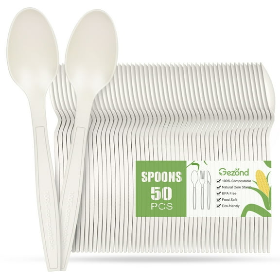 Compostable Spoons 50 Pack 7 Inch Disposable Spoons Biodegradable Cutlery Set Heavy-weight Spoons