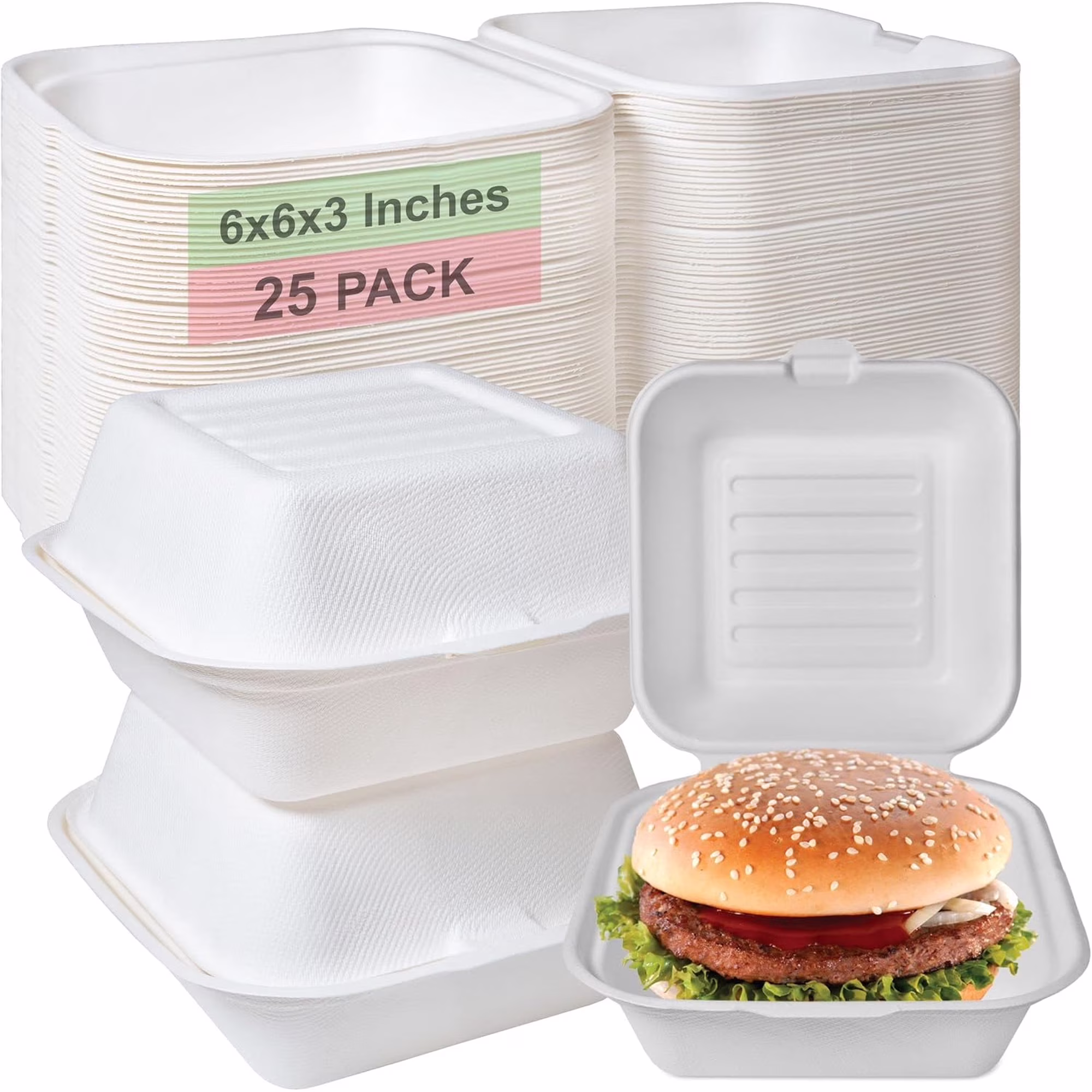 Compostable Square Hinged Clamshell Take Out Food Containers 6x6 - Heavy Duty Quality Disposable to go Containers, Single Compartment Eco-Friendly , Bagasse Fiber Containers with Lids (25)