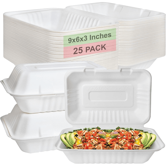 Compostable Square Hinged Clamshell Take Out Food Containers 9x6x3 - Heavy Duty Quality Disposable to go Containers, Single Compartment Eco-Friendly , Bagasse Fiber Containers with Lids (200)