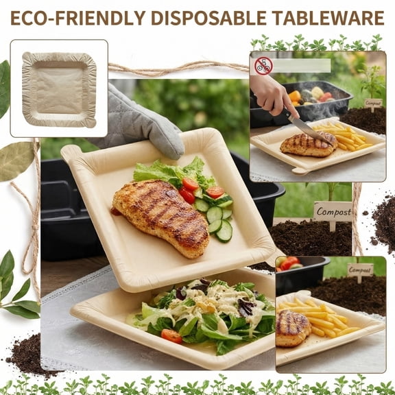 Compostable Square Plates 9 Inches, 20pcs Disposable Paper Plates, Eco-Friendly Heavy Duty Biodegradable Sugarcane Plates for Party Wedding Picnic