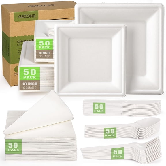 Compostable Sugarcane Paper Plates 10 Inch Square Set of 300 Eco Friendly Biodegradable Heavy Duty