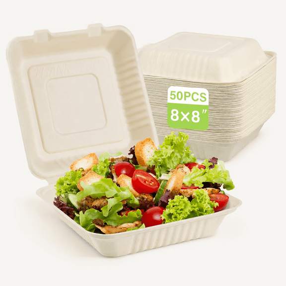 Compostable Take Out Food Container, 50 Pack Disposable To Go Food Boxes, Biodegradable Clamshell Food Container, Eco-Friendly Made From Sugarcane Fibers