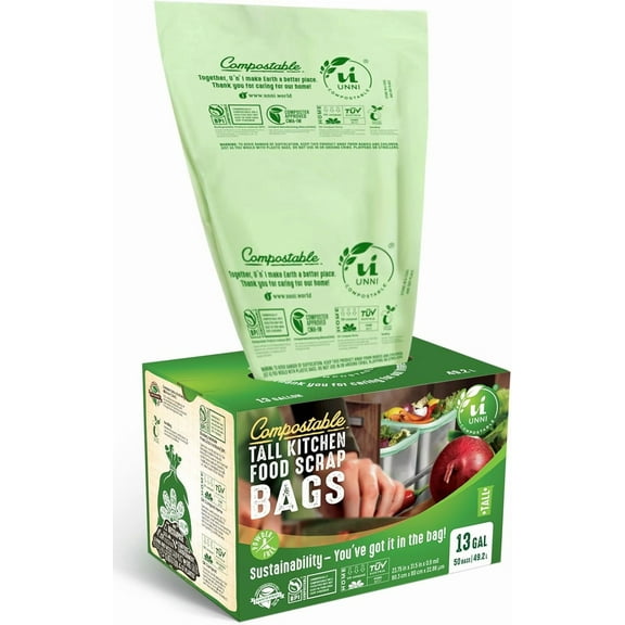 Compostable Trash Bags, 13 Gallon / 49.2 Liter, 50 Count, Extra Thick 0.9 Mil Tall Kitchen Food Scrap Bin Liners, Certified by BPI, CMA & OK compost HOME, Meets the ASTM D6400 Standard