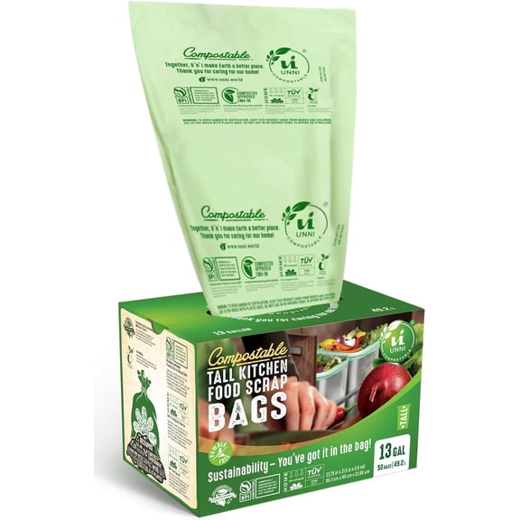Compostable Trash Bags, 13 Gallon / 49.2 Liter, 50 Count, Extra Thick 0.9 Mil Tall Kitchen Food Scrap Bin Liners, Certified by BPI, CMA & OK compost HOME, Meets the ASTM D6400 Standard