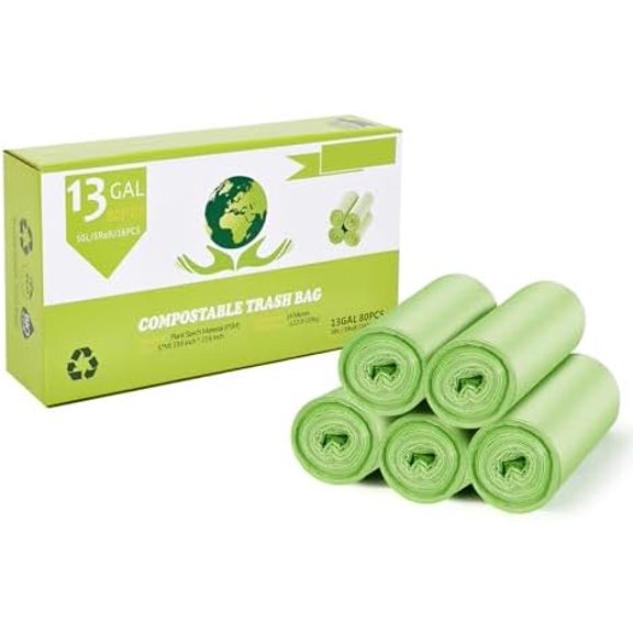 Compostable Trash Bags, 13 Gallon Green Compst Trash Bags for Home and Kitchen, 50L Capacity, 5 Pack, 80 Counts