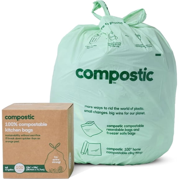 Compostable Trash Bags, 13 Gallon Tall Kitchen (100 Count) Bulk Pack  Extra Strong, Home Compostable, Plant-Based, Non-Toxic, Unscented Garbage Bags