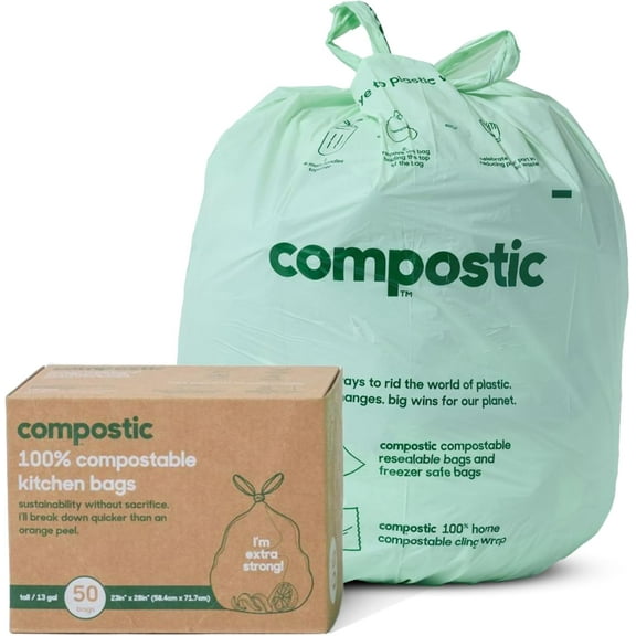 Compostable Trash Bags, 13 Gallon Tall Kitchen (50 Count) Starter Pack Extra Strong, Home Compostable, Plant-Based, Non-Toxic, Unscented Garbage Bags