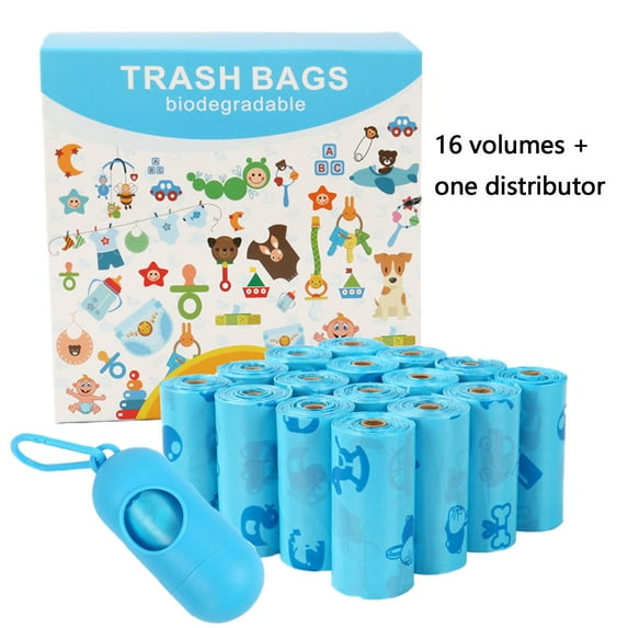 Compostable Bags 16 Roll EPI Degradable - Diaper Food Waste Bags with Dispenser Blue Floral Print - B