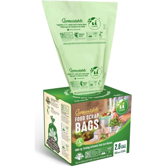Compostable Trash Bags, 2.6 Gallon / 9.84 Liter, 100 Count, Extra Thick 0.71 Mil Small Kitchen Food Scrap Bin Liners, Certified by BPI, CMA & OK compost HOME, Meets the ASTM D6400 Standard