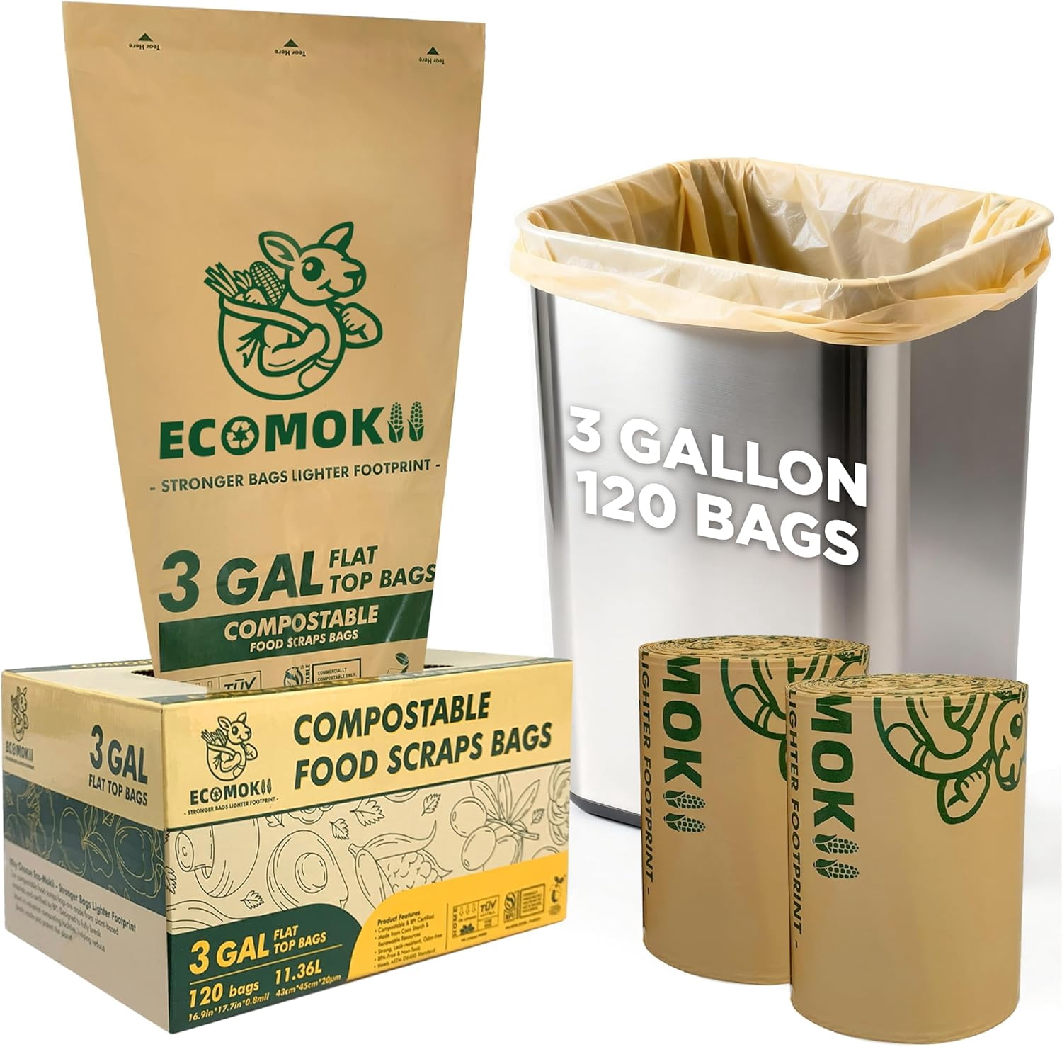 Compostable Trash Bags 3 Gallon, 120 Count, Extra Thick 0.8 Mil Small ...