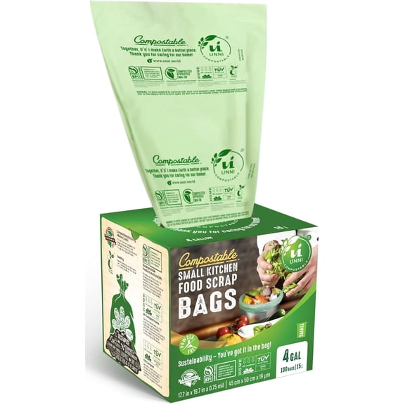 Compostable Trash Bags, 4 Gallon / 15 Liter, 100 Count, Extra Thick 0.75 mil Small Kitchen Food Scrap Bin Liners, Certified by BPI, CMA & OK compost HOME, Meets the ASTM D6400 Standard