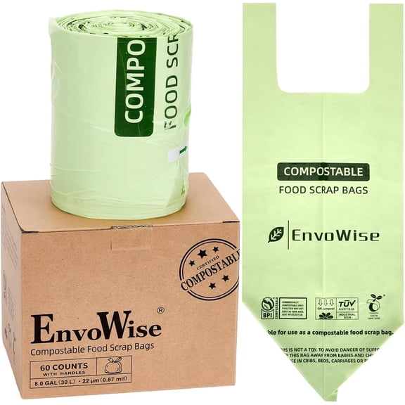 Compostable Trash Bags with Handles  8 Gallon (30L), 60 Count | Premium Thick BPI & OK Compost Industrial Certified, Tall Slim-Fit Design for 58 Gallon Kitchen & Compost Bins