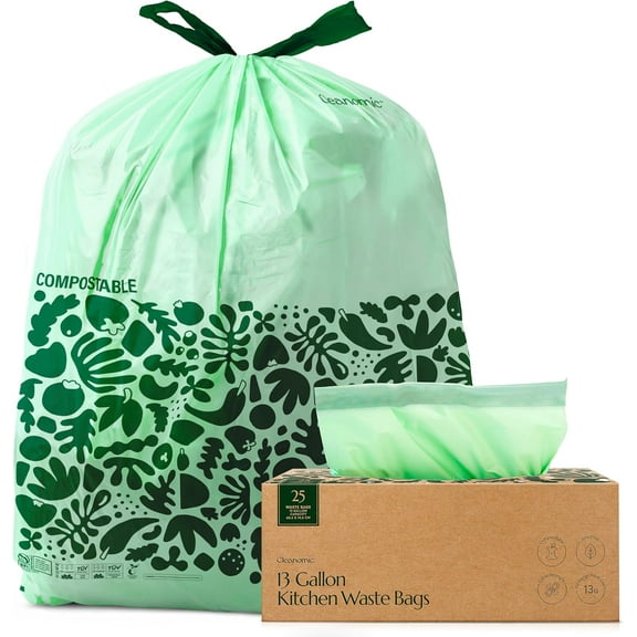 Compostable* Trash Bags with Drawstring (13 Gallon, 25 Units, Tall), BPI Certified For Kitchen Compost