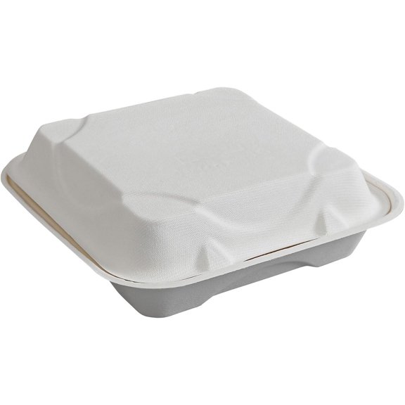 Compostable Vanguard 9" Clamshell To Go Containers, Case of 200, Square Take Out Food Box, White Renewable Molded Fiber, Grease , No-Added , Compliant, BPI-Certified