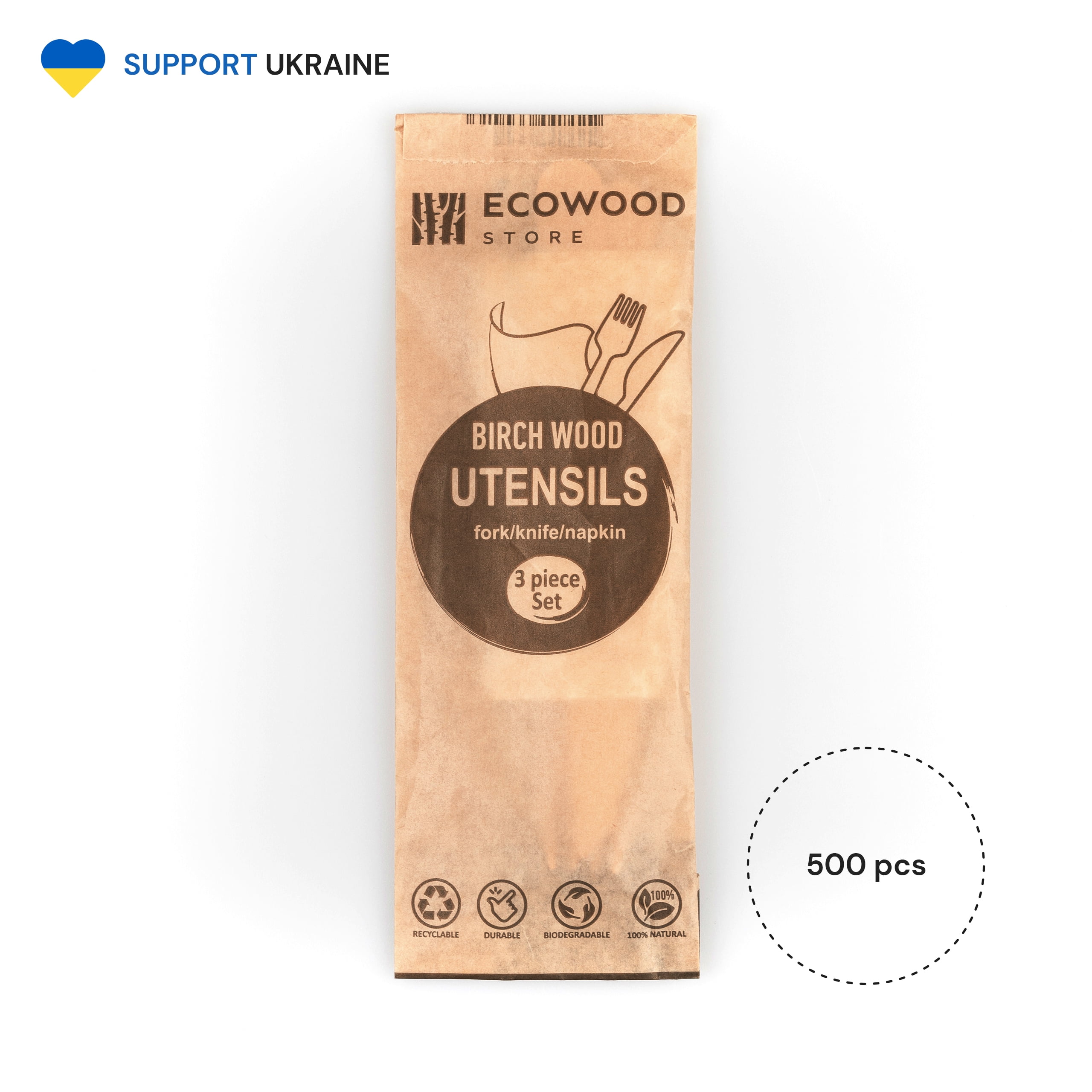 Compostable Wooden Cutlery Packets 500 ct Fork, Knife & Napkin