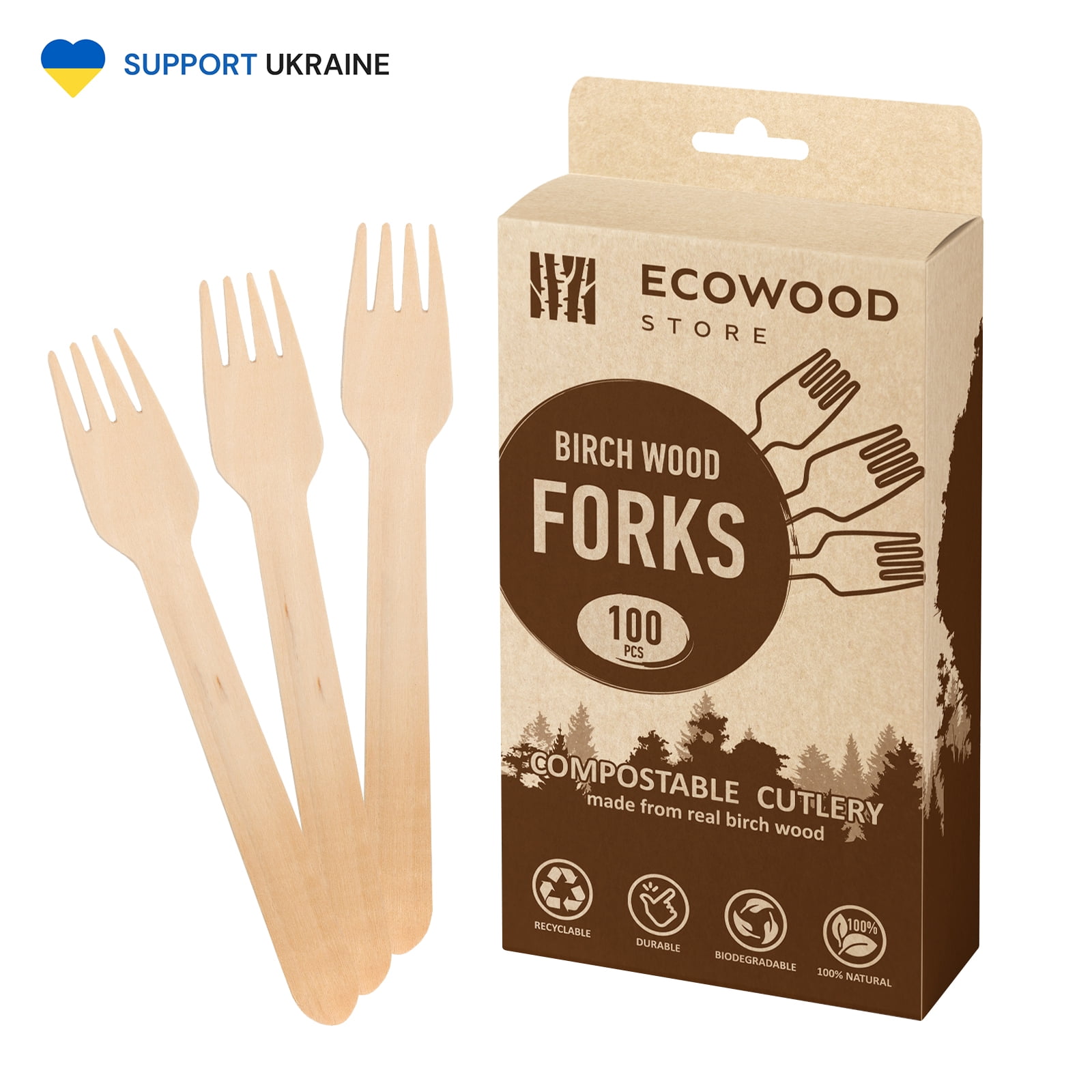Compostable Wooden Forks 100 pcs, 6.3" long 100 Real Birch Wood