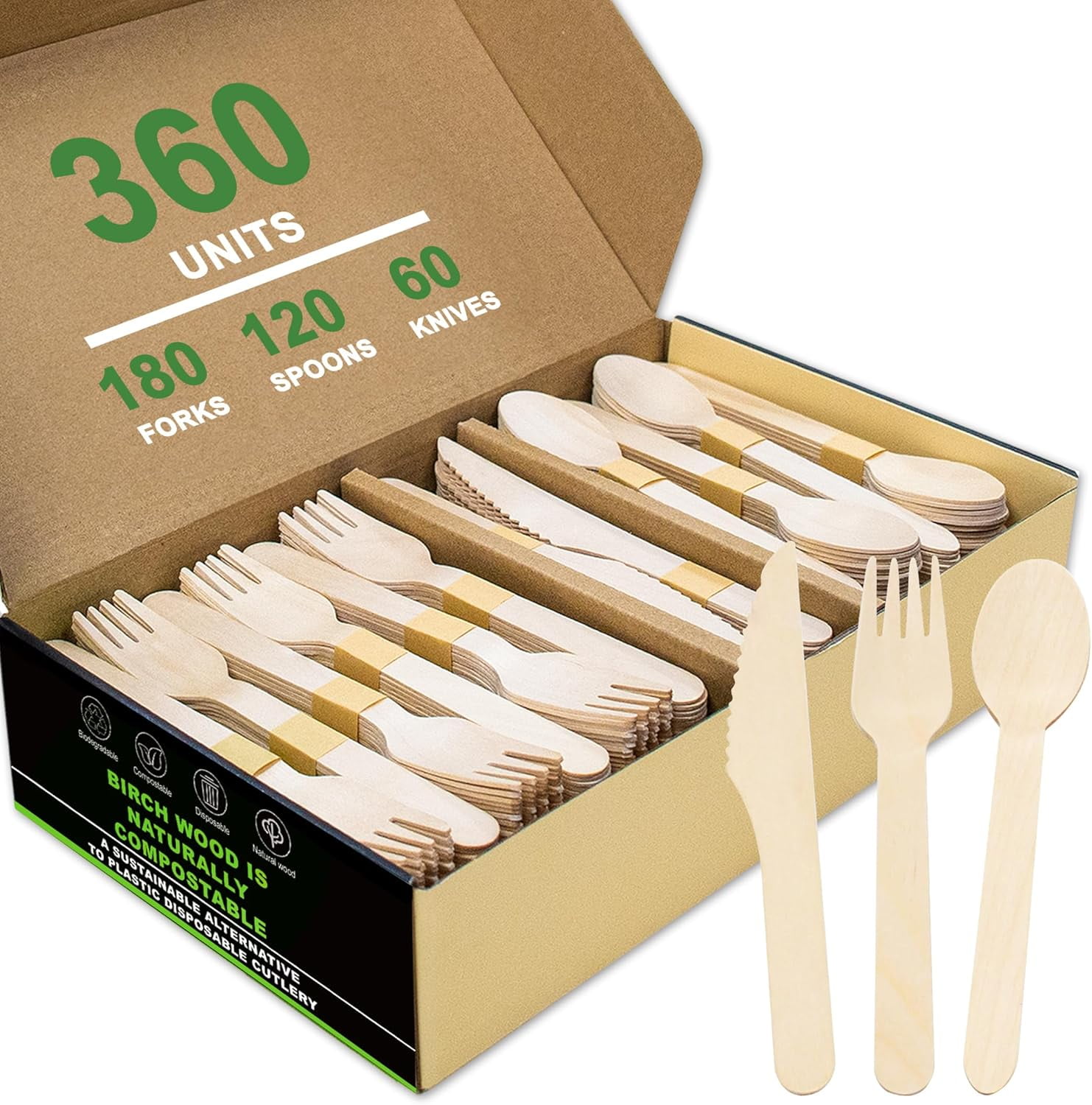 360 Packs Compostable Utensils Compostable 120 Forks 120 Spoons 120 Knives Large Disposable Silverware Heavy Duty Eco Friendly Flatware