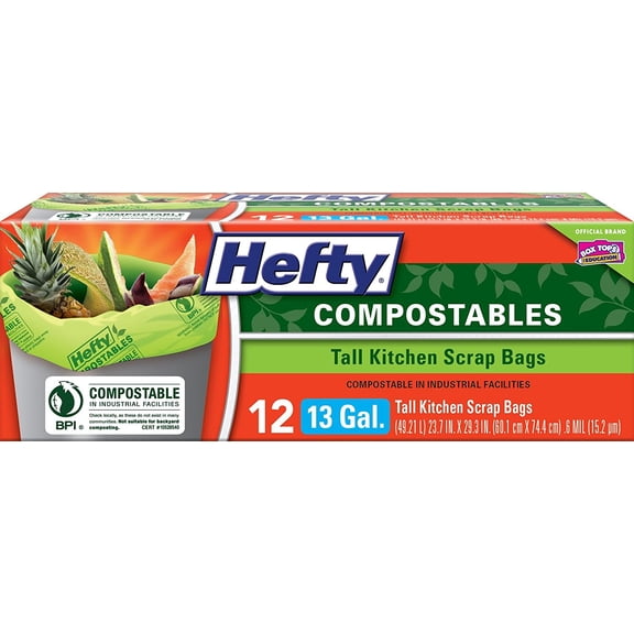 Compostables Tall Kitchen Scrap Bags, 13 Gallon, 12 Count