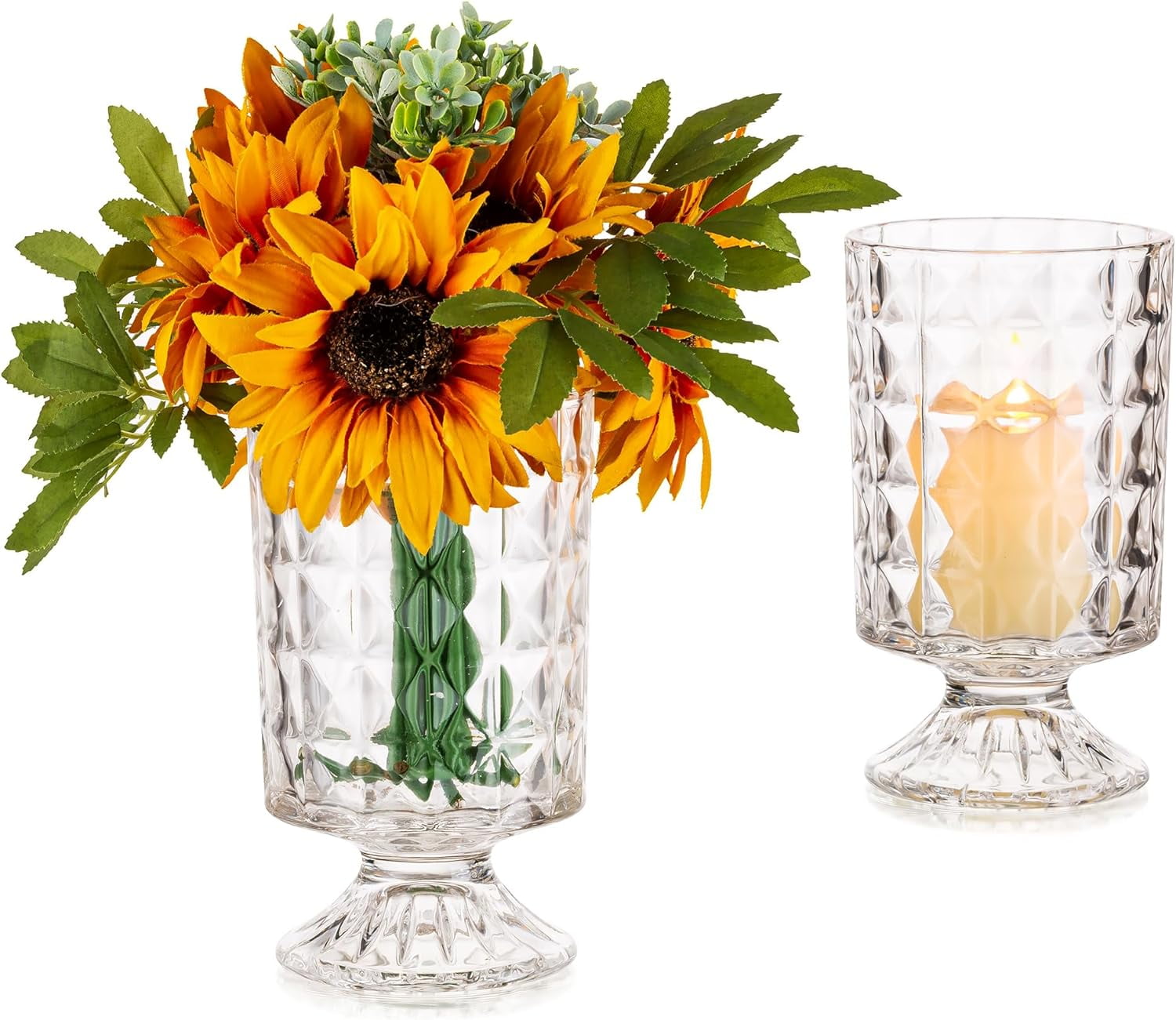 Compote Flower Vase Set of 2, Vintage Crystal Vases for Flowers, Clear ...