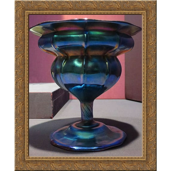 Compote, purple to blue iridescent glass 24x20 Gold Ornate Wood Framed Canvas Art by Louis Comfort Tiffany