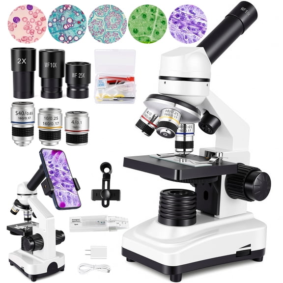 Herwicm 40X-2500X Compound Lab Microscope for Adults and Students, High-Power Biological Microscope with Smartphone Adapter and Prepared Slides Kit, Stem Kit for School Lab and Home Education