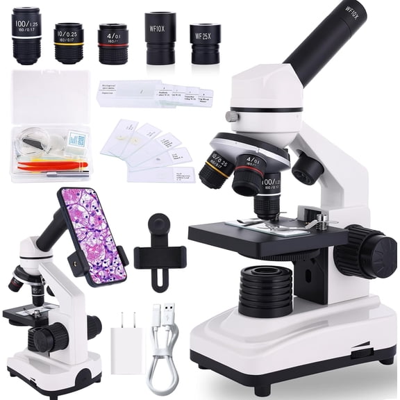 Compound Lab Microscope for Adults and Students, 40X-2500X High-Power Biological Microscope with Smartphone Adapter and Prepared Slides Set, STEM Kit for School Lab and Home Education