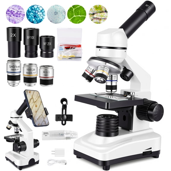 Herwicm Compound Lab Microscope for Adults and Students, 40X-2500X High-Power Biological Microscope with Smartphone Adapter and Prepared Slides Set, STEM Kit for School Lab and Home Education