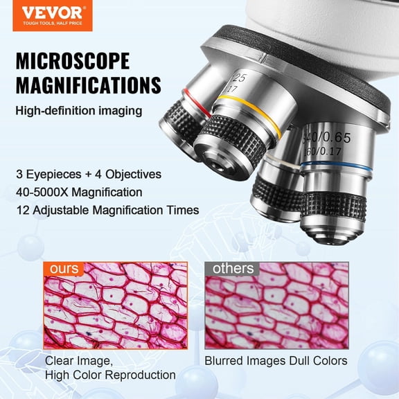 Compound Trinocular Microscope,40X-5000X Magnification Trinocular Compound Lab Microscope with Two-Layer Mechanical Stage,External Interface,LED Illumination&Microscope Slides Included