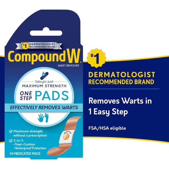 Compound W Maximum Strength One Step Wart Remover Pads, Salicylic Acid, 14 Count