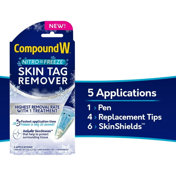 Compound W Nitrofreeze Skin Tag Remover, FDA Approved with 1 Skin Tag Remover Pen, 4 Replacement Tips, and 6 SkinShields, 5 Treatments